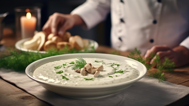 La crema de champiñones es un tipo simple de sopa en la que un roux básico se diluye con crema o leche.