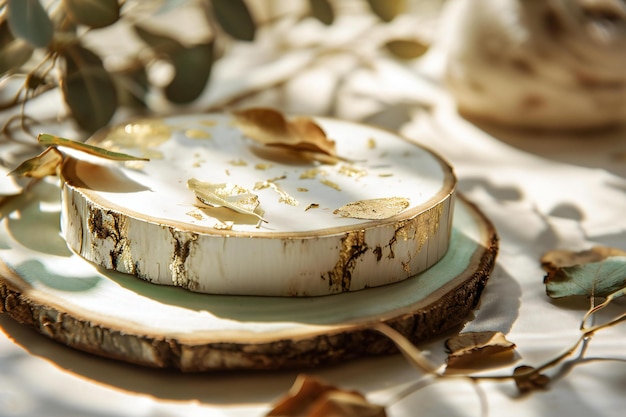 Crema de coco en un mantel blanco con hojas secas y conchas marinas