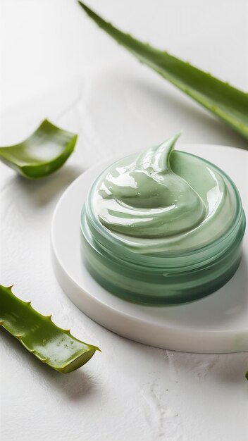 Crema cosmética de aloe vera en superficie blanca