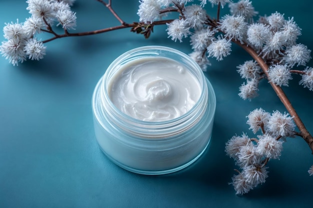 Crema cosmética en un frasco sobre un fondo azul con flores blancas