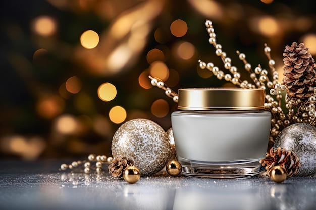 Crema cosmética de Navidad de lujo sin etiqueta Accesorios de Navidad en fondo bokeh