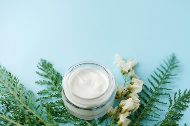 Foto crema cosmética con plantas verdes sobre un fondo azul.