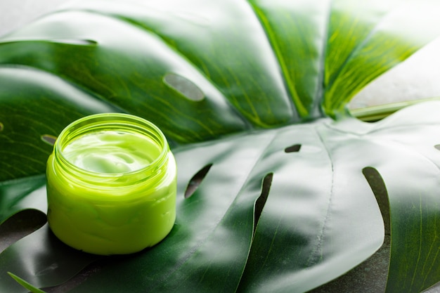 Crema cosmética en un recipiente en una vista de ángulo de hoja tropical de monstera verde, cosmética natural y concepto de producto orgánico para el cuidado de la piel. Crema para el cuidado facial y corporal, fondo cosmético con espacio de copia