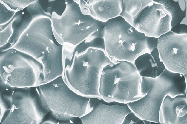 Crema de gel gris azul transparente muestra cosmética textura con burbujas aisladas sobre fondo blanco.