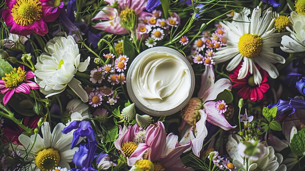 Crema hidratante para la cara como producto de cuidado de la piel y del cuerpo con fondo de flores spa y orgánico