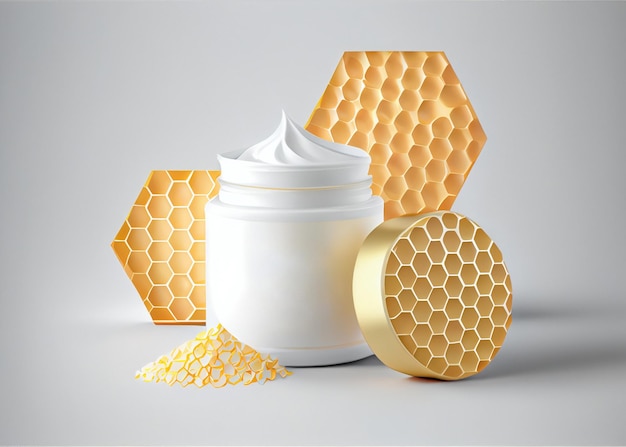 Crema hidratante para el cuidado de la piel con extractos de miel y panales sobre mesa blanca Generada por IA