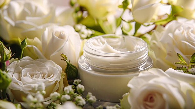 Crema hidratante para el rostro como producto de cuidado de la piel y del cuerpo con fondo de flores spa y cosméticos de belleza orgánicos para la rutina natural de cuidados de la piel