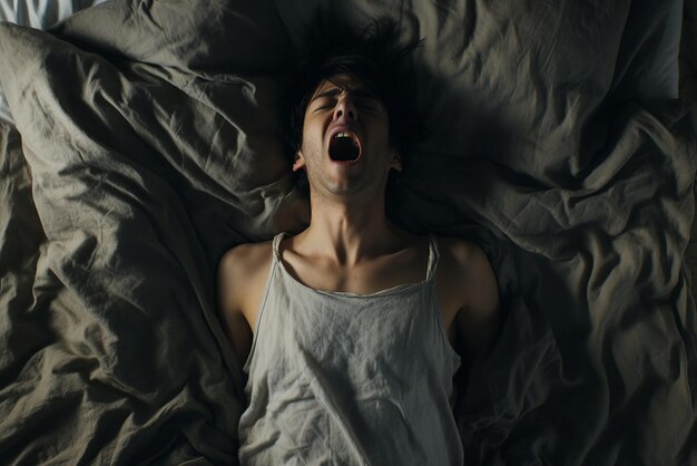 Foto crema de hombre joven en una cama vista superior