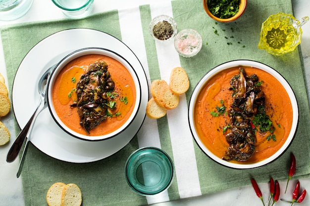 crema de lentejas rojas con tomate en la mesa. comida vegana saludable para toda la familia