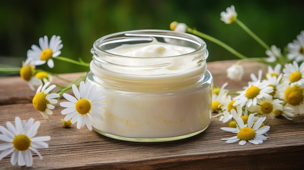 Crema natural para el cuidado de la piel con esencia floral sobre fondo de madera