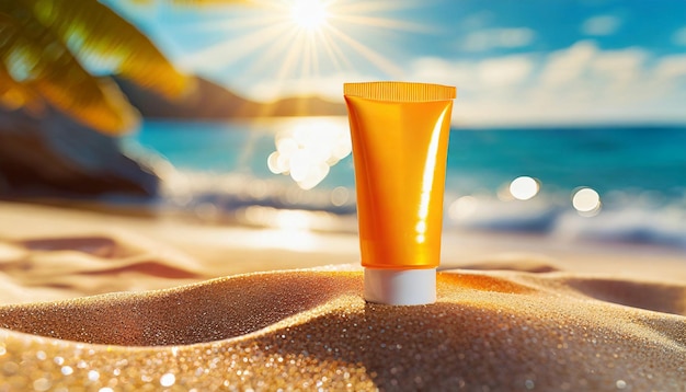 Crema solar tubo en la playa tropical cuidado de la piel cosmético