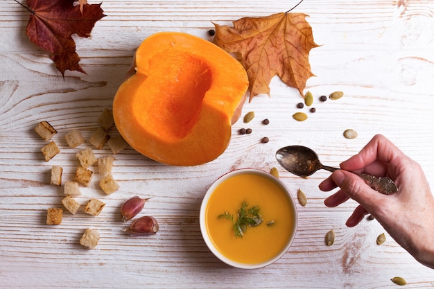Crema de sopa de calabaza deliciosa y saludable de otoño