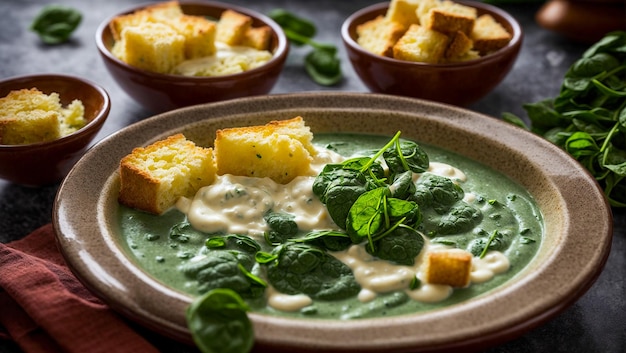 Crema de sopa de espinaca en un fondo viejo