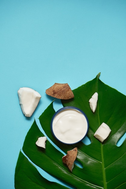 Foto creme branco em uma jarra com coco, amêndoas na folha azul e tropical. conceito de beleza e cuidados de saúde. minimalista plana leigos com espaço de cópia. vista do topo. cuidados com a pele naturais cosméticos