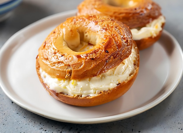 Creme brulee Bagel Füllung Creme Käse mit goldener Kruste und Topping auf dem Teller Nahaufnahme