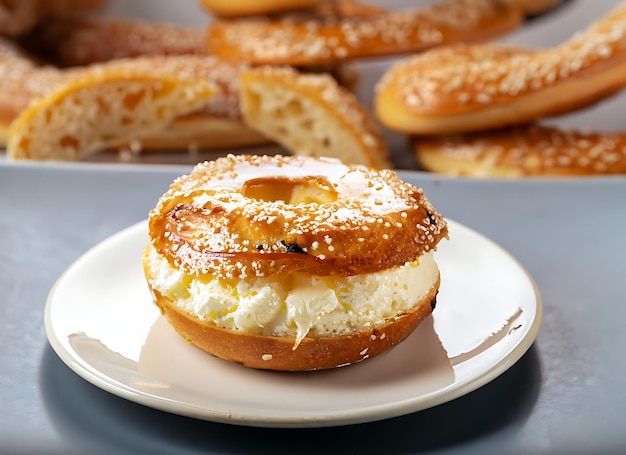 Creme brulee Bagel Füllung Creme Käse mit goldener Kruste und Topping auf dem Teller Nahaufnahme