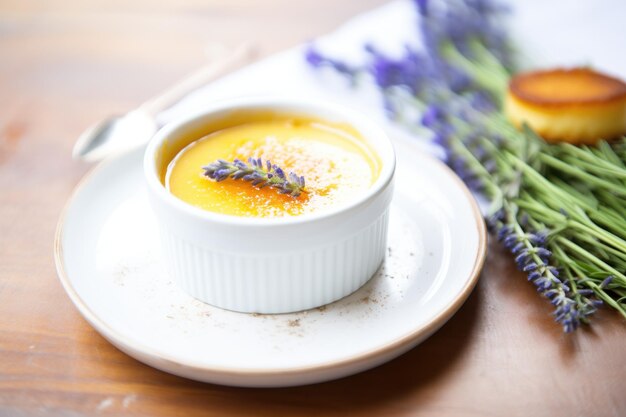 Foto creme brulee mit einem zweig lavendel