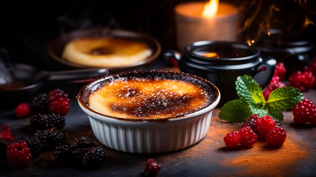 Creme brulee en un plato Enfoque selectivo