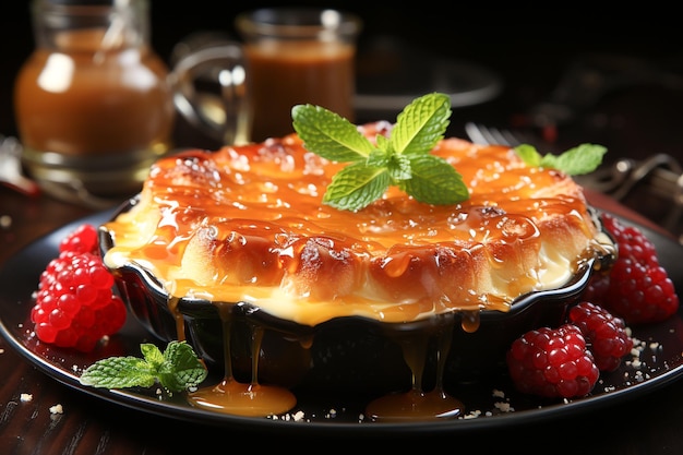 Creme brulee tradicional sobremesa francesa de creme de baunilha com açúcar caramelizado na parte superior, foto realista, resolução 4K gerada por IA