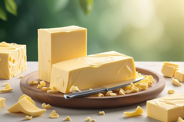 Creme-Butter-Werbung Butter-Curls auf Messer mit Paketdesign in 3D-Illustration Natur-Bokeh-Hintergrund