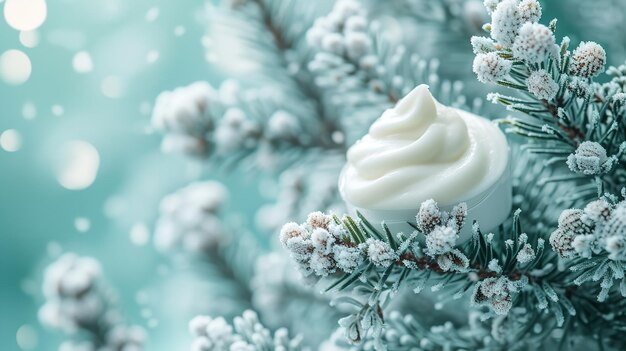 Creme cosmético com folhas de pinheiro e neve com um grande espaço vazio para texto IA geradora