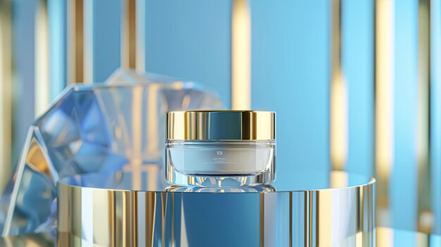 Creme cosmético em um frasco de vidro em fundo azul conceito de cuidados com a pele fundo para produtos de beleza