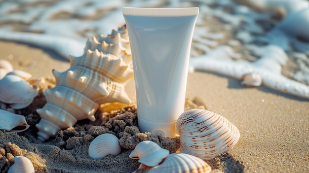 Creme cosmético em um tubo em uma praia de areia conchas o mar no fundo conceito Eco