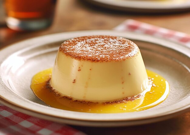 Foto creme-custard-kuchen mit soße und braunem zucker