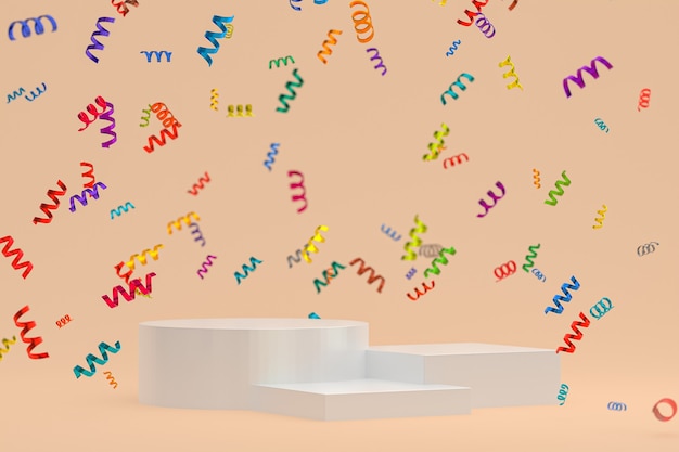 Creme de cena abstrata renderização em 3d com pódio branco, confetes e fitas multicoloridas para o festival