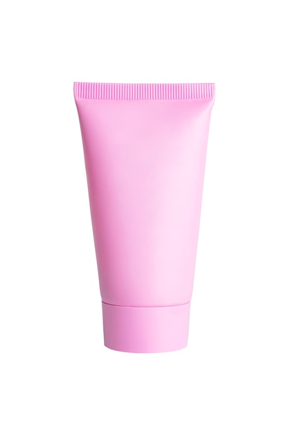 Creme de plástico rosa ou máscara ou tubo de xampu isolado no fundo branco por caminho de recorte maquete de cuidados com a pele e cosmetologia