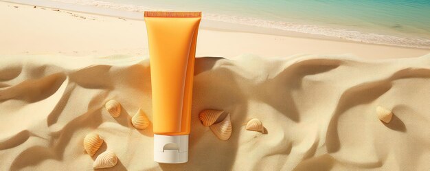 Creme de proteção solar colocado na praia de areia para a vibração do verão
