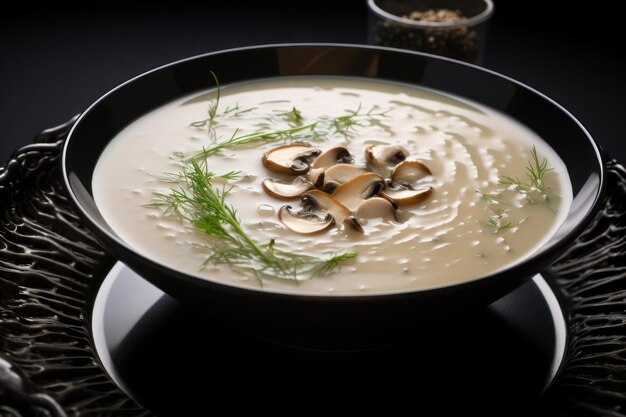 creme de sopa de cogumelos num prato com comida de champignons