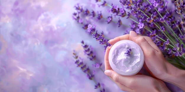 Creme hidratante com infusão de lavanda em mãos femininas com fundo floral