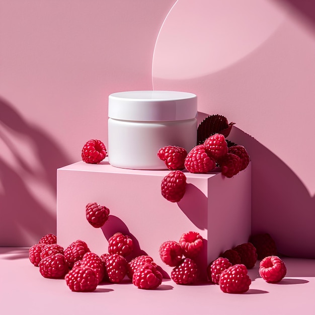 Creme hidratante de framboesa com frutas vermelhas em frasco de amplificador de fundo rosa