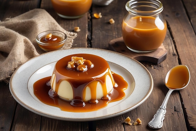 Creme-Karamellpudding mit Karamellsauce auf einem Teller auf einem rustikalen Tisch