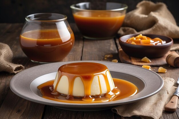 Creme-Karamellpudding mit Karamellsauce auf einem Teller auf einem rustikalen Tisch