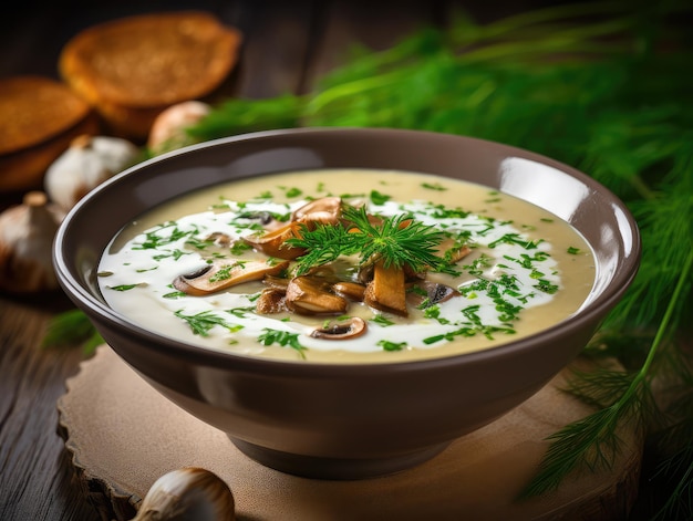 Creme Pilz Suppe mit Porcini oder Bay Boletes in weißer Restaurantschüssel Wild Eco Pilze Gericht auf kreativem Wald Moos und Pflanzen Hintergrund Generative KI-Illustration