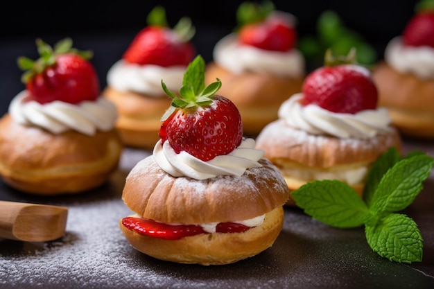 Creme puff mit Erdbeeren und Schlagsahne auf schwarzem Hintergrund