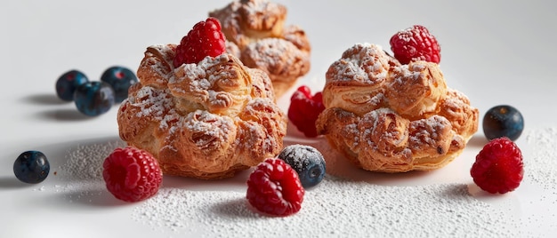 Creme puff oder profiterole mit Zucker pulverisiert mit Beeren isoliert auf weißem Hintergrund Frischer hausgemachter Creme puffs Kuchen Französisch Choux puff ecler Dessert Nahaufnahme Gebäck