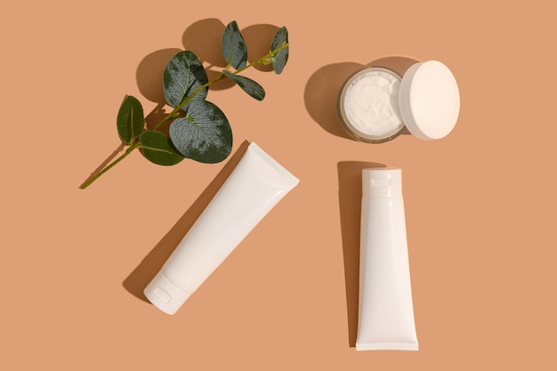 Creme und Lotion in einem weißen Hautbehälter aus Kunststoff Eukalyptuszweig