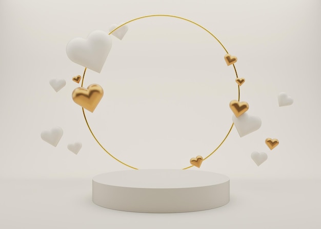 Cremeweißes Podest mit Herzen und goldenem Ring. Valentinstag, Hochzeit, Jubiläum. Podium für Produkt, kosmetische Präsentation. Attrappe, Lehrmodell, Simulation. Sockel oder Plattform für Schönheitsprodukte. 3D-Darstellung.