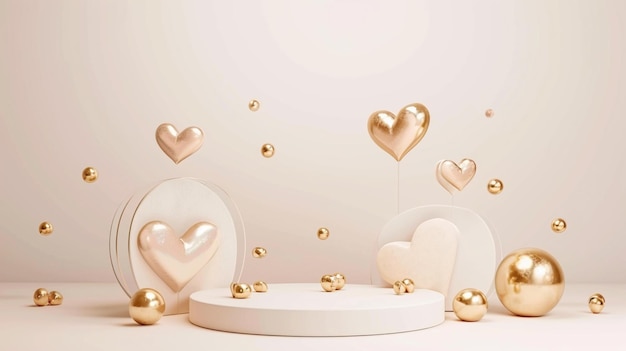 Cremeweißes Podium mit Herzen und goldenen Bällen Valentinstag Hochzeitstag Generative Ai