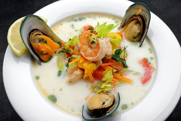 Cremige Fischsuppe mit Lachs und Meeresfrüchten auf dunklem Hintergrund