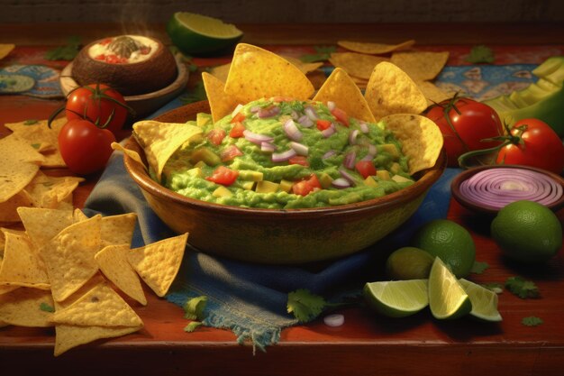 Cremige Guacamole-Dip-Schüssel mit frischen Zutaten und Tortillachips