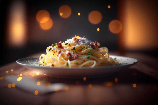 Cremige italienische Carbonara-Nudelspezialität mit Speck und Parmesankäse