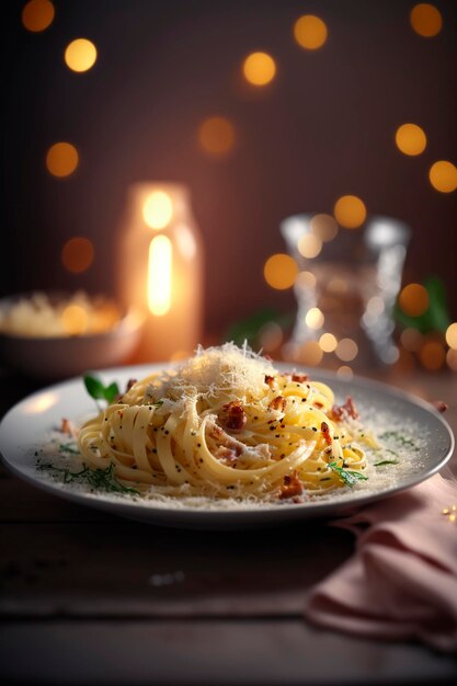 Cremige italienische Carbonara-Nudelspezialität mit Speck und Parmesankäse