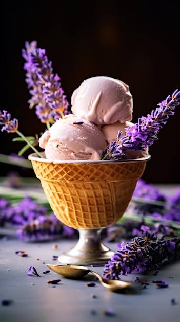 Cremige Kugeln, veganes Lavendeleis in Tellern mit Blüten aus französischem Lavendel auf grauem Hintergrund