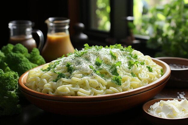 Foto cremige rotini mit brokkoli und parmesan