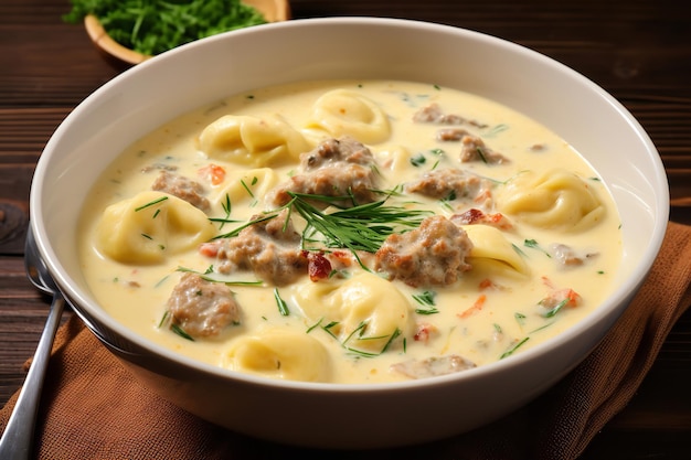 Cremige Tortellini-Suppe mit Wurst, italienisches Rezept, italienisches Essen und Küche