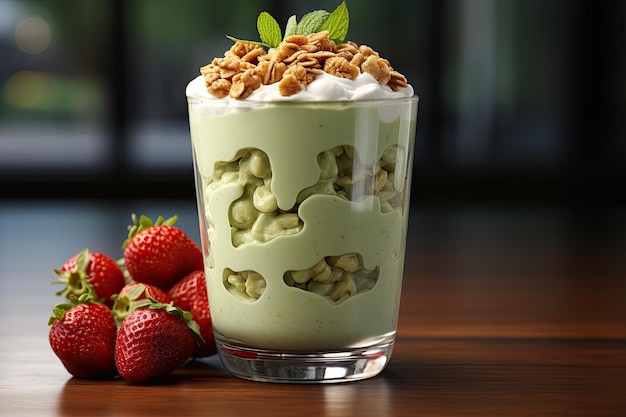 Cremiger Avocado-Smoothie mit Granola und frischen Früchten generativ IA